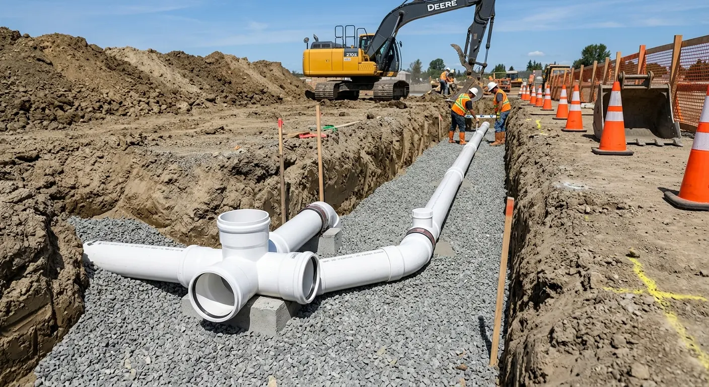 New PVC sewer pipe installation in open trench for Sewer Backup in Tarrytown