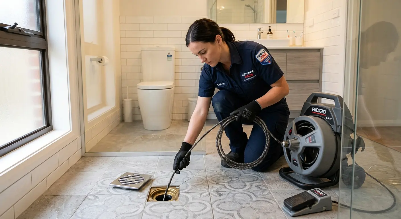 Technician clearing a bathroom floor drain for Sewer Line Replacement in Tarrytown
